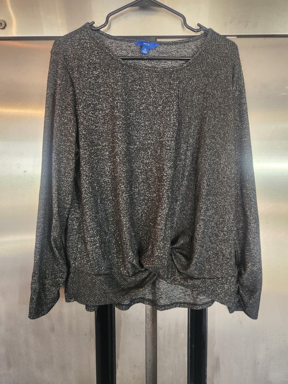 Apt 9 Womens Twist Front Top XL Black Silver Sparkle Knit Long Sleeve Holiday